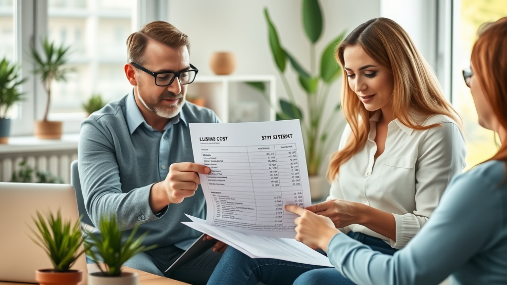 Real estate agents, buyers, and sellers reviewing a detailed closing cost statement. Main Keyword: closing costs, real estate agent fees. Bright modern home office.