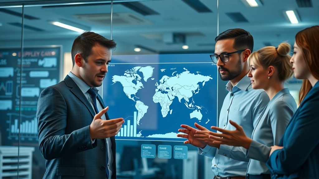 global supply team-international business team analyzing world map digital supply chain data