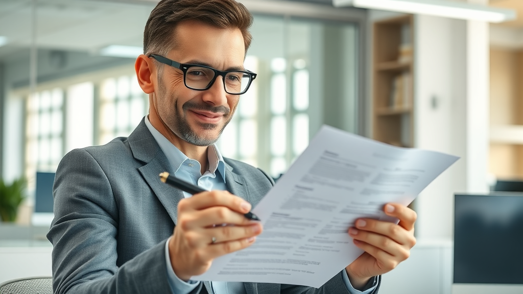 confident real estate agent reviewing contract agreement, satisfied, examining how broker fees are split
