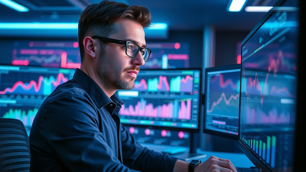 digital marketing strategist analyzing Google Ads and business listing analytics on futuristic screens