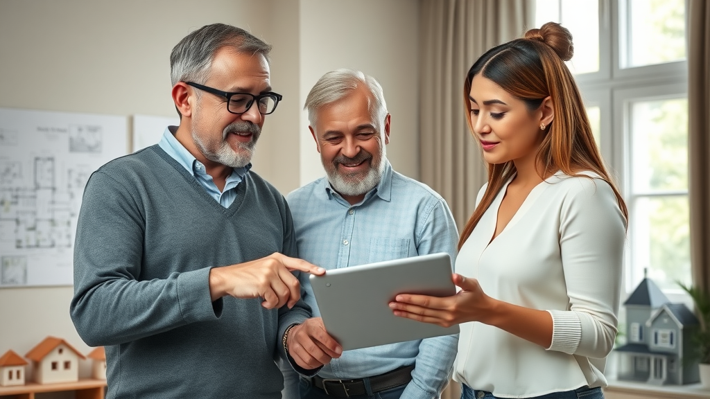 Experienced real estate adviser consulting a couple, explaining options for broker fees. Main Keyword: buyer vs seller broker fees, real estate agent fee. Upscale residential background.