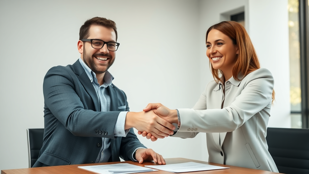 Confident business buyer shaking hands with seller buying a business agreement modern office