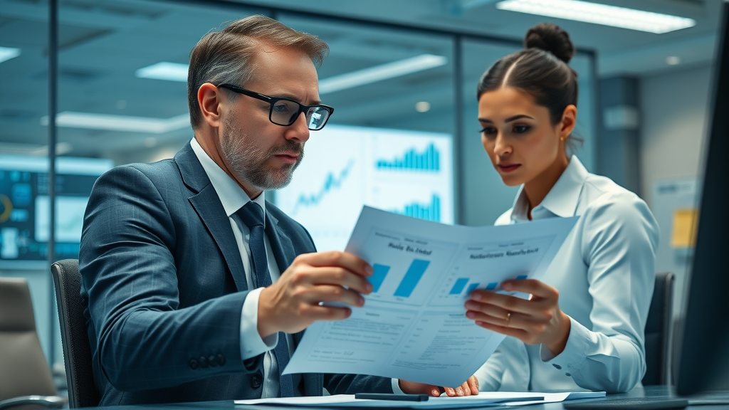 Professional business broker analyzing documents and digital valuation charts with client in boardroom