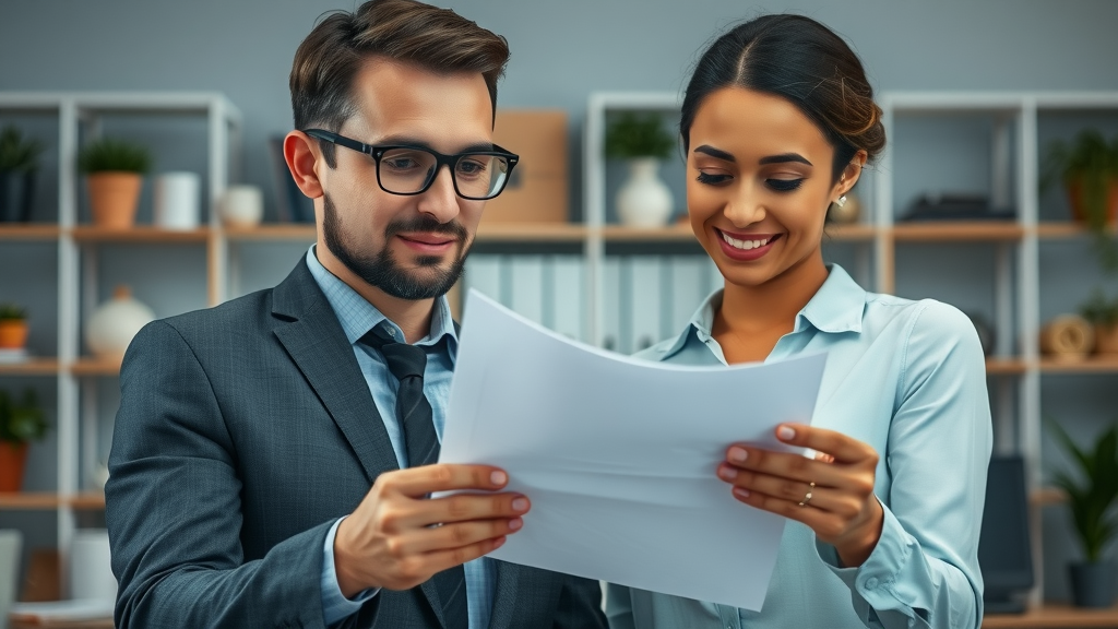 business sale process small business owners reviewing paperwork in office with shelves and plants