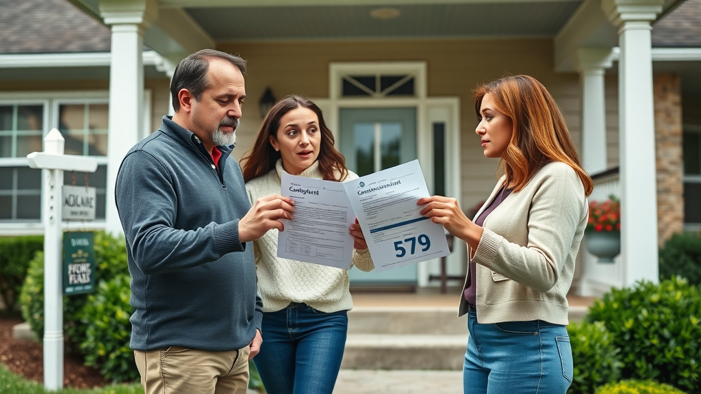 Surprised couple and agent reviewing real estate agent fees commission rate on contract, front porch home sale, vibrant, authentic daylight