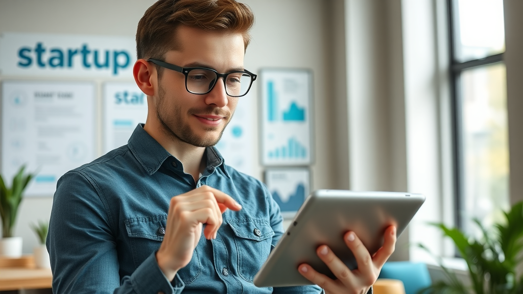 inspiring young entrepreneur reviewing online startup businesses for sale listings in modern office, online business