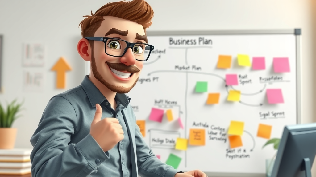 Determined entrepreneur mapping out business plan on whiteboard, representing practical steps for small business success