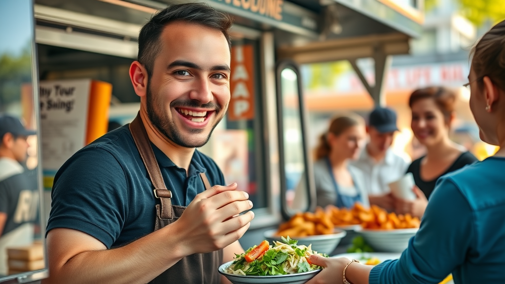 Food truck owner serving customers, an innovative small business opportunity