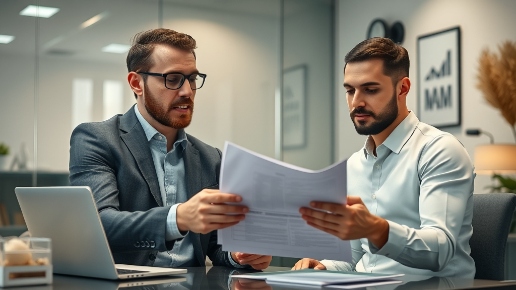 Business broker reviewing confidential documents with business owner in a private office - business sale