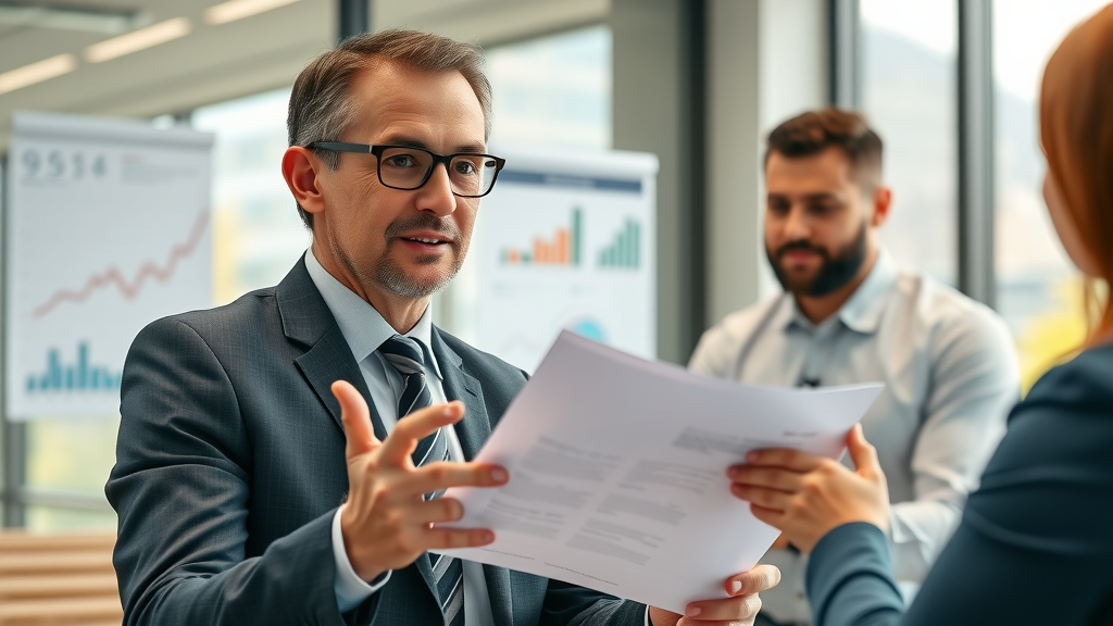 Business broker explaining the business sale process to small business owners in a professional boardroom