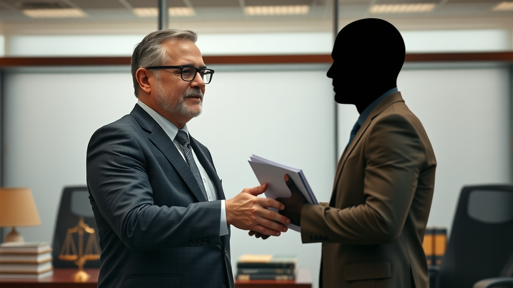 Confidential business sale confident business broker engaging anonymous buyer handshake in privacy-focused office