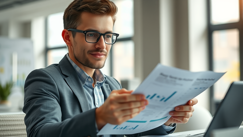 business valuation - small business owner reviewing financial statements with charts and graphs in a modern office