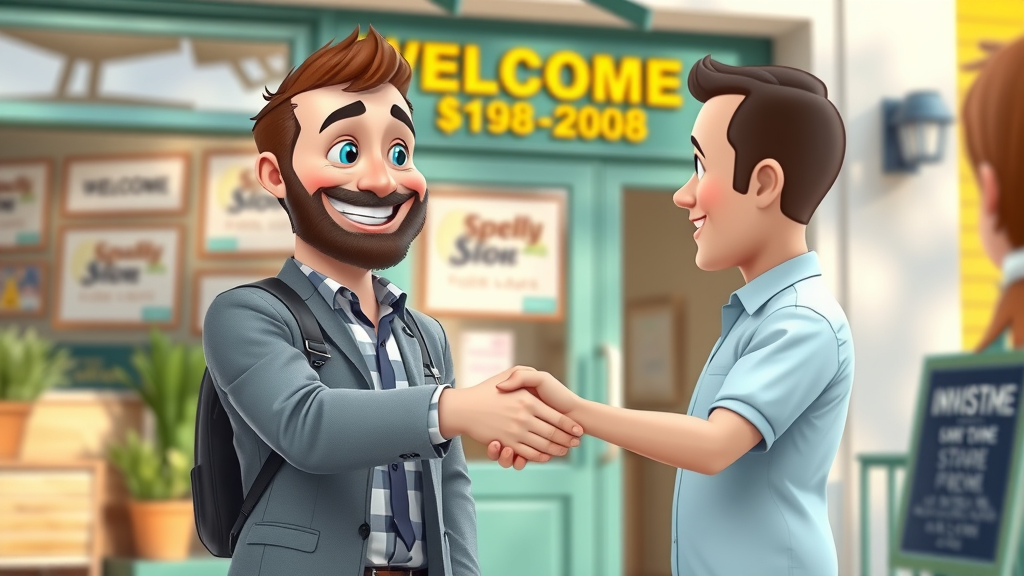 small business acquisition owner shaking hands with investor outside storefront