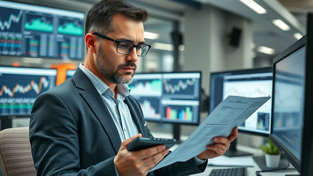 business valuation methods, business expert analyzing financial documents with digital tablet in modern workspace, multiple monitors displaying financial data