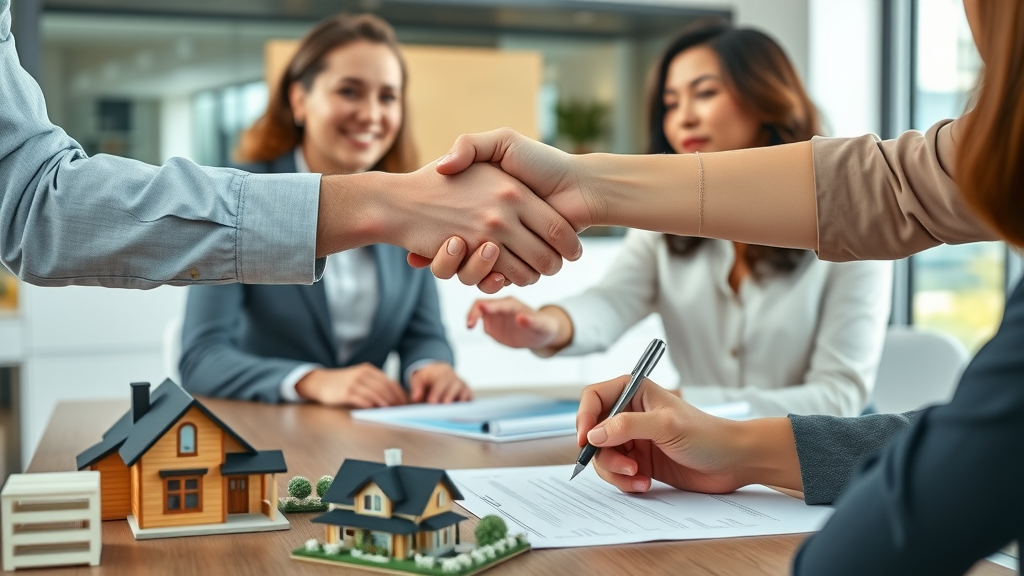 Professional real estate agents shaking hands with home buyers and sellers, engaging in a contract signing, with real estate documents and house models on the table. Main Keyword: buyer vs seller broker fees. Photorealistic, natural daylight.