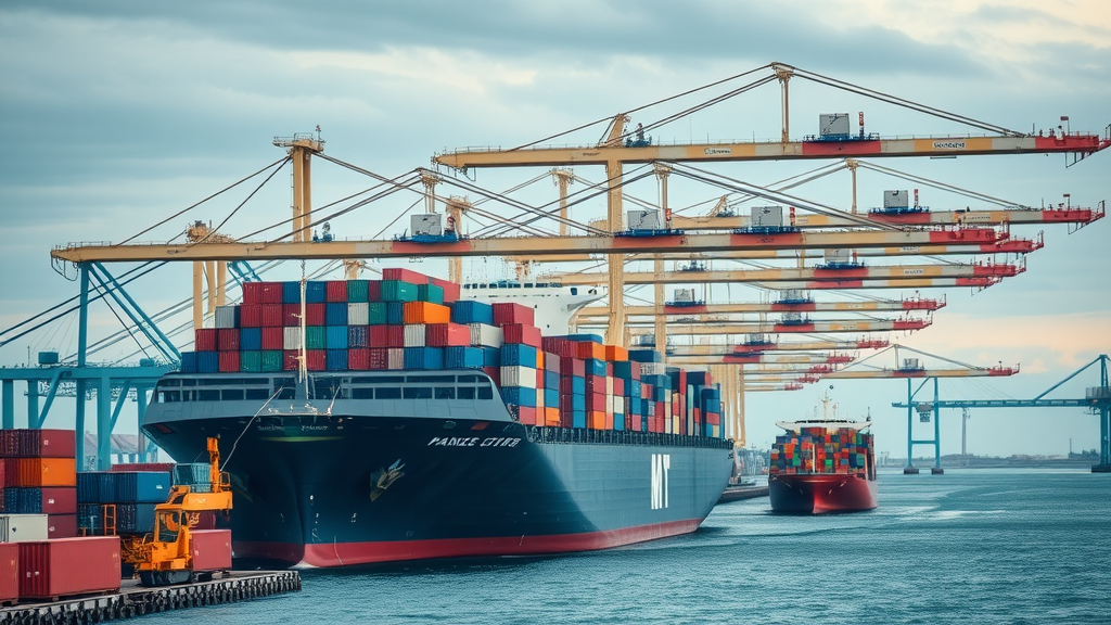 tariff and supply chains-global logistics hub with freight containers loaded on cargo ship at international port