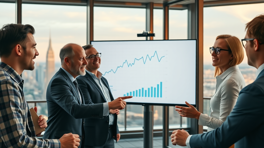 income approach business valuation, team of business owners analyzing cash flow charts, pointing at financial graph in boardroom with city view