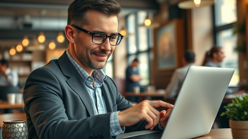 confident business person analyzing online business-for-sale listings in a cafe setting, buying a business