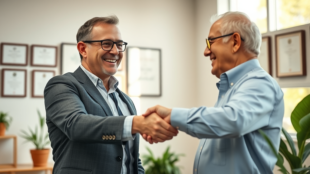 optimistic middle-aged entrepreneur shaking hands with retiring business owner, closing a buying a business deal