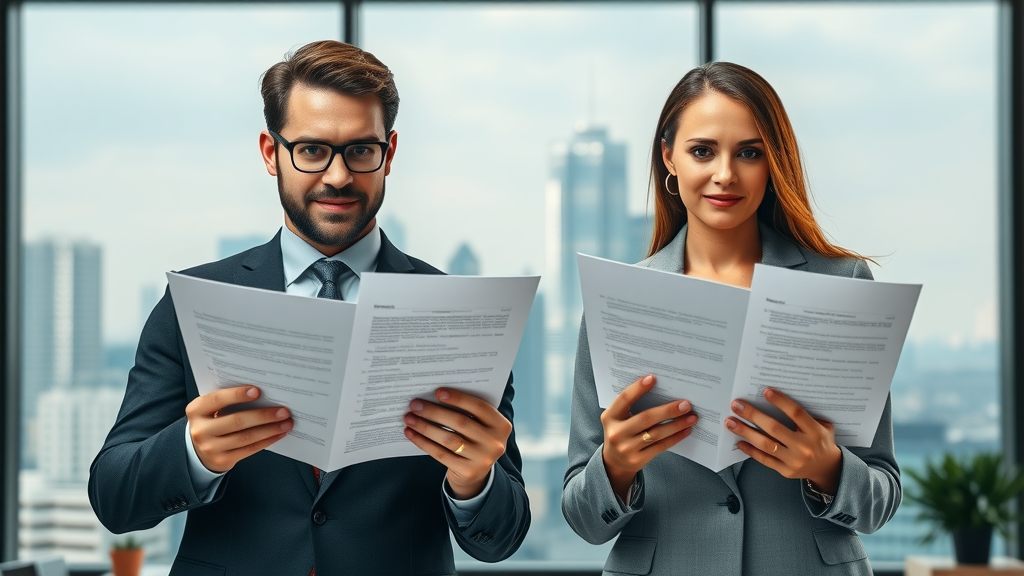 Professional estate agent and realtor comparing commission structures side by side, abstract modern office skyline background