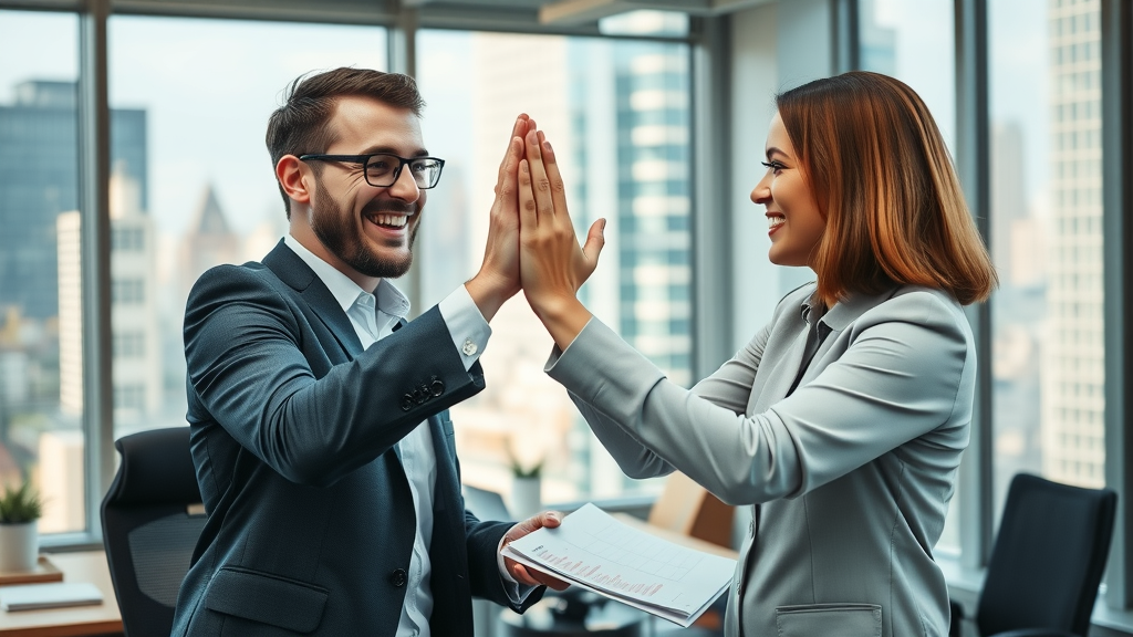 business sale success, joyful business seller and broker exchanging high-five, business brokers