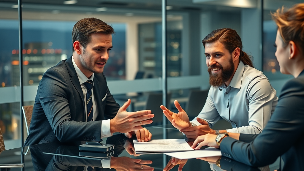 Confident buyer and seller with legal advisor negotiating business sale agreement terms at a modern boardroom table.