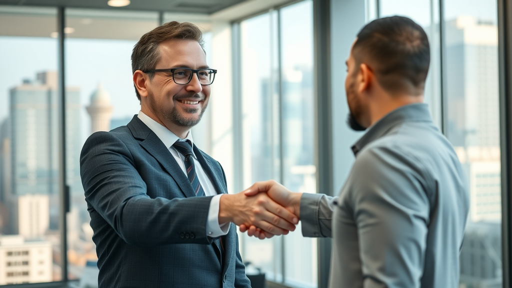 confident business broker shaking hands with a business owner in a modern office, business brokers