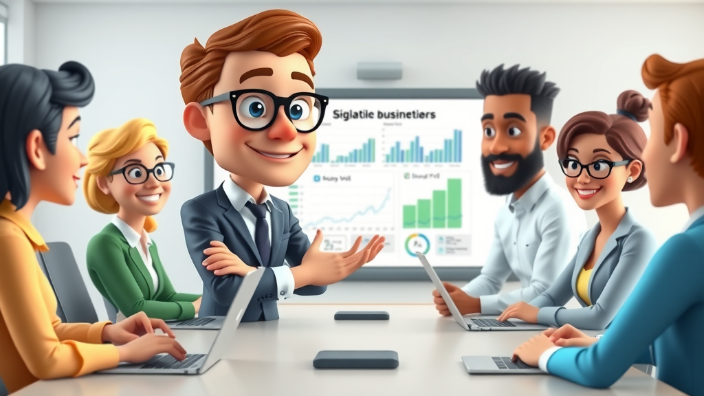 advisor explaining business marketplace concepts to diverse business owners with charts