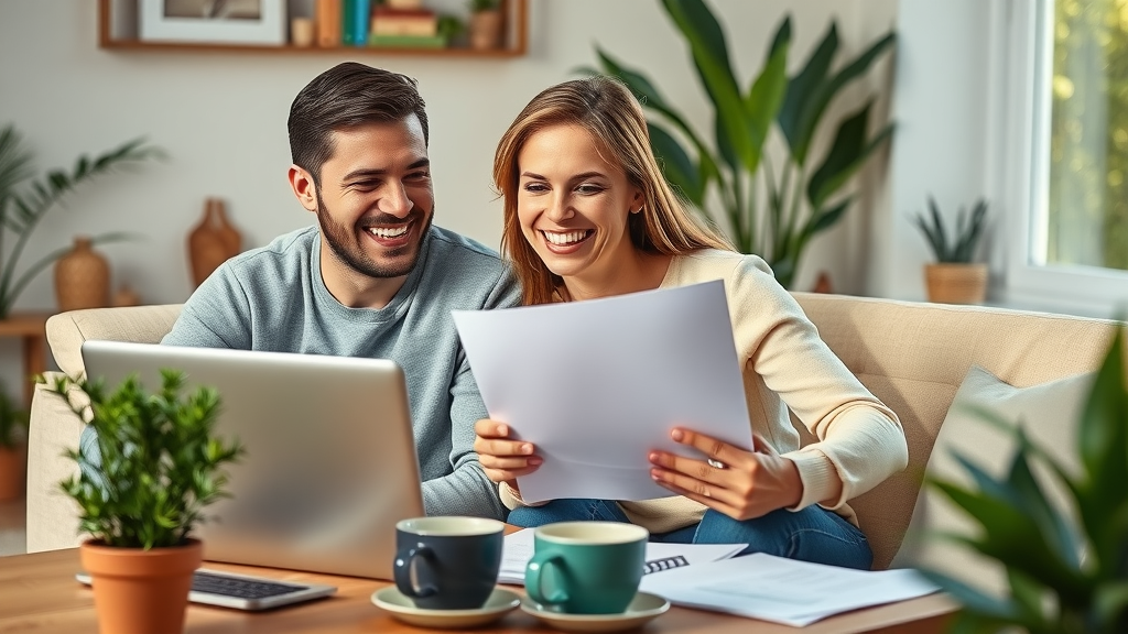 Cheerful couple researching real estate agent fees online, learning about tips to minimize agent fees