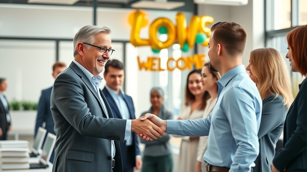 confident new owner greeting existing team after buying a business