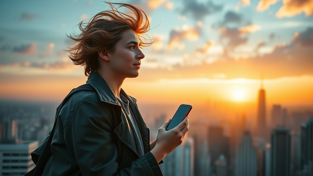 Entrepreneur seizing small business opportunities at sunrise overlooking cityscape