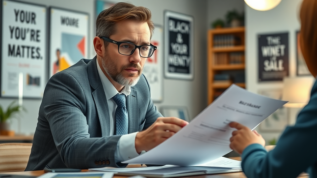 business broker fee review - experienced business broker at work, reviewing documents with clients, surrounded by legal books and motivational posters