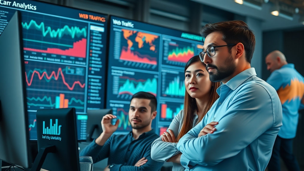 analytics team reviewing online business marketplace web traffic, customer base analytics, high-tech office
