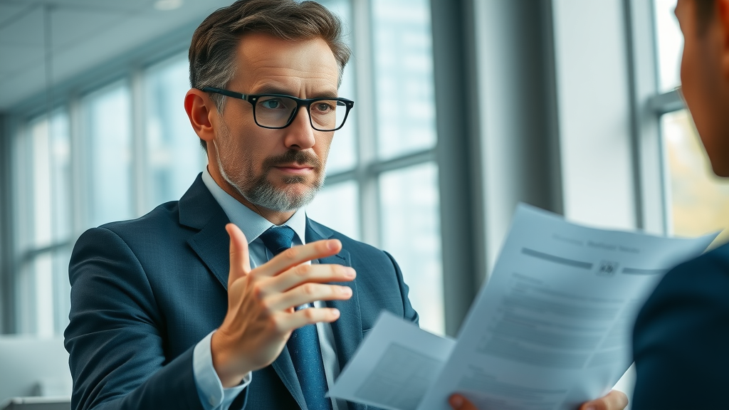 serious business broker advising a client about buying a business, gesturing towards a contract in a modern office with visible documents