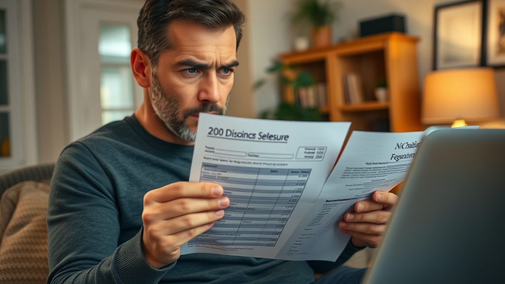 Nervous home seller reviewing a closing disclosure, calculating costs with real estate commission fees in mind. Main Keyword: estate agent fees, seller broker fees. Cozily lit home.
