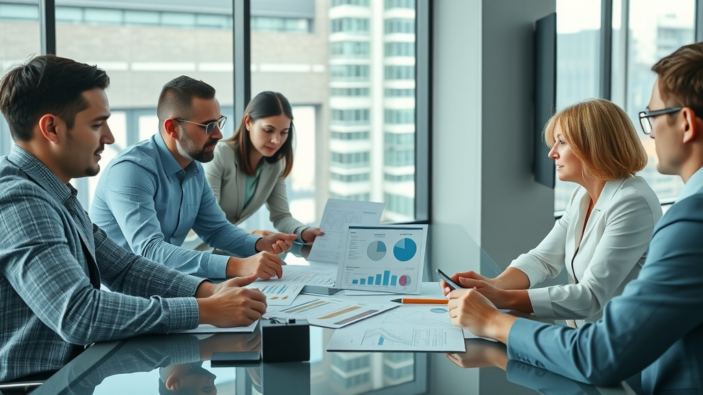 Professional team of business advisors discusses sales process strategy with a business owner.