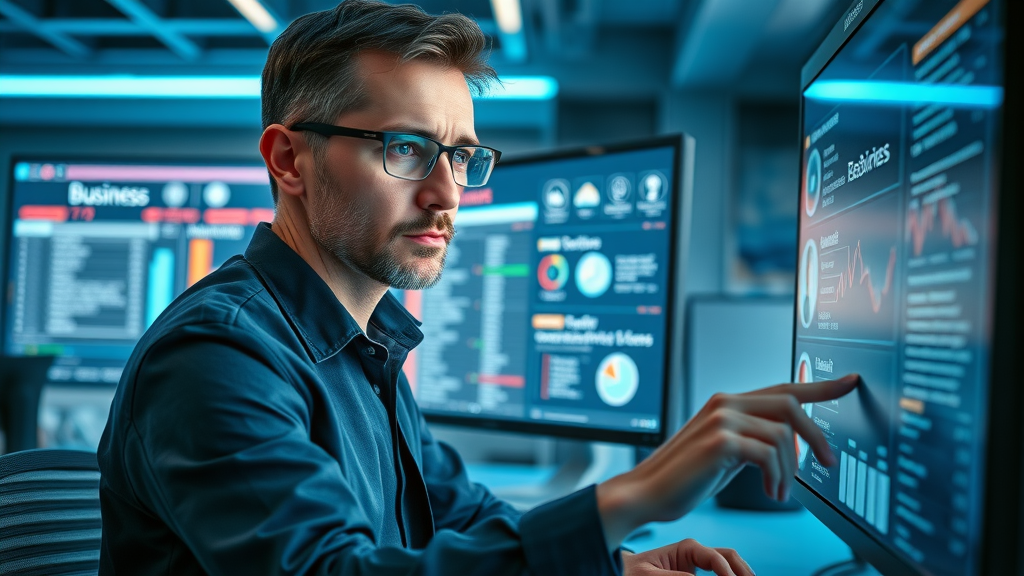 Professional analyzing market options for buying a business