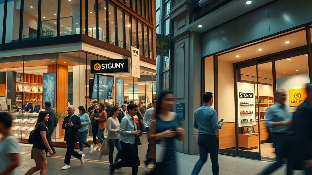 existing business vs. starting fresh - thriving modern business contrasted with new startup
