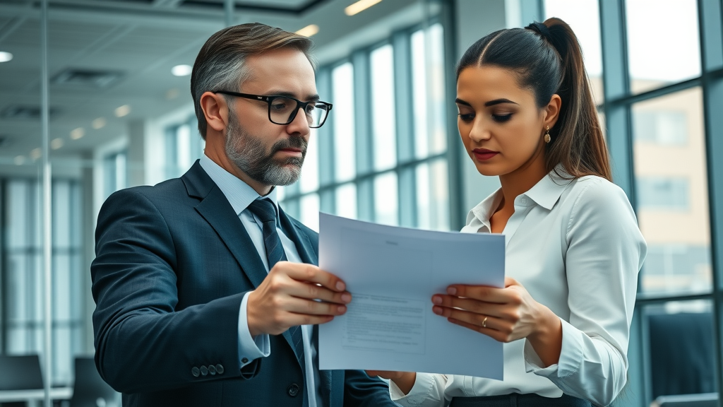 Professional business broker guiding a small business owner through sales documents while selling a business.