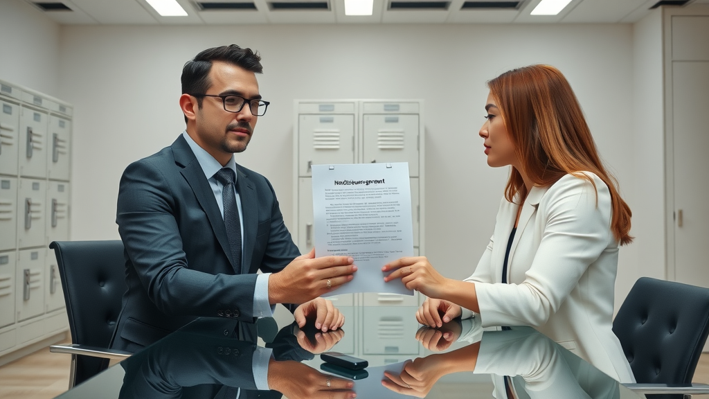 Confident legal professional sharing a non-disclosure agreement, secure document environment, confidential business sale