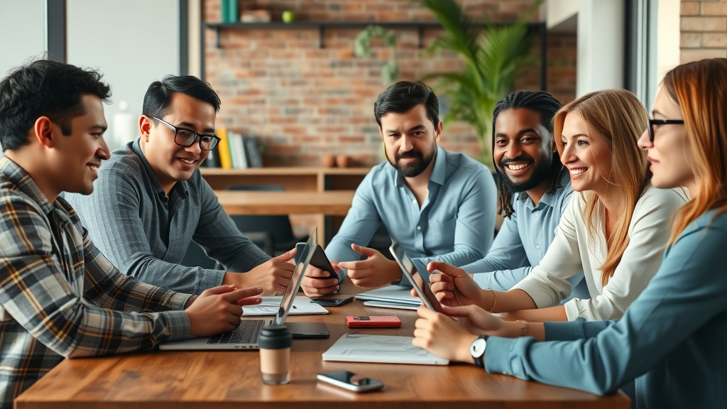 diverse group of business owners discussing listings for startup businesses for sale at co-working space, online business