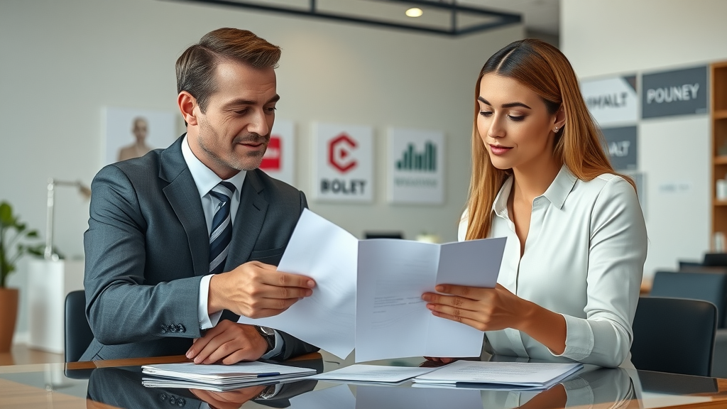 professional real estate agents negotiating, how broker fees are split, reviewing paperwork in modern office