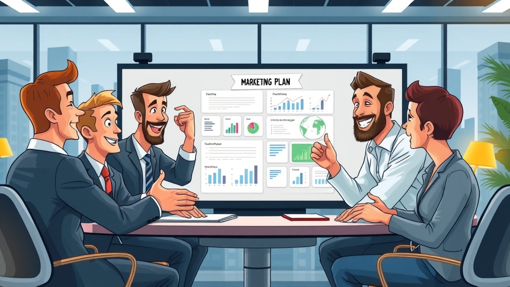 Dynamic business brokers planning effective marketing techniques on a digital board in vibrant workspace