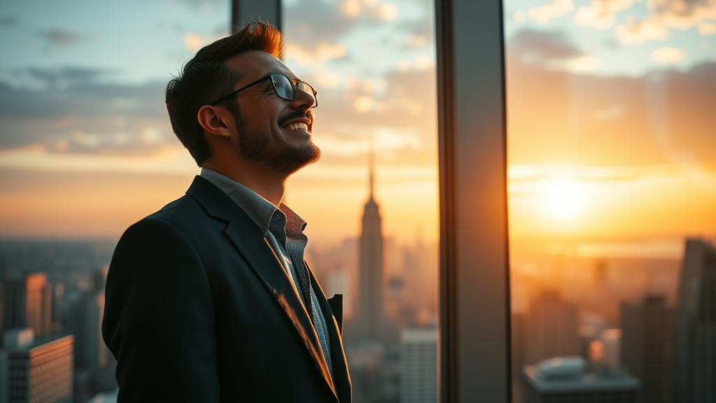 inspired business owner hopeful for future after business valuation, standing at window overlooking city at sunset