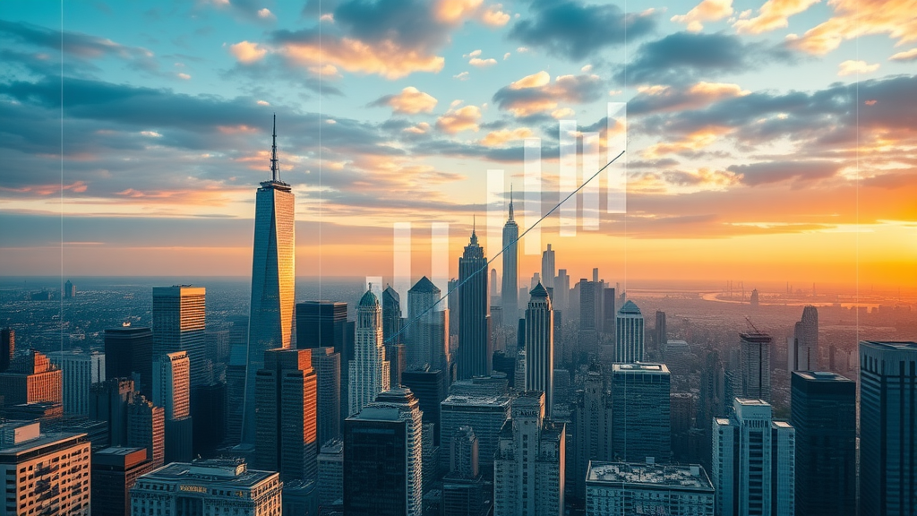 Urban cityscape with real estate market trend charts illustrating broker fees in property sales