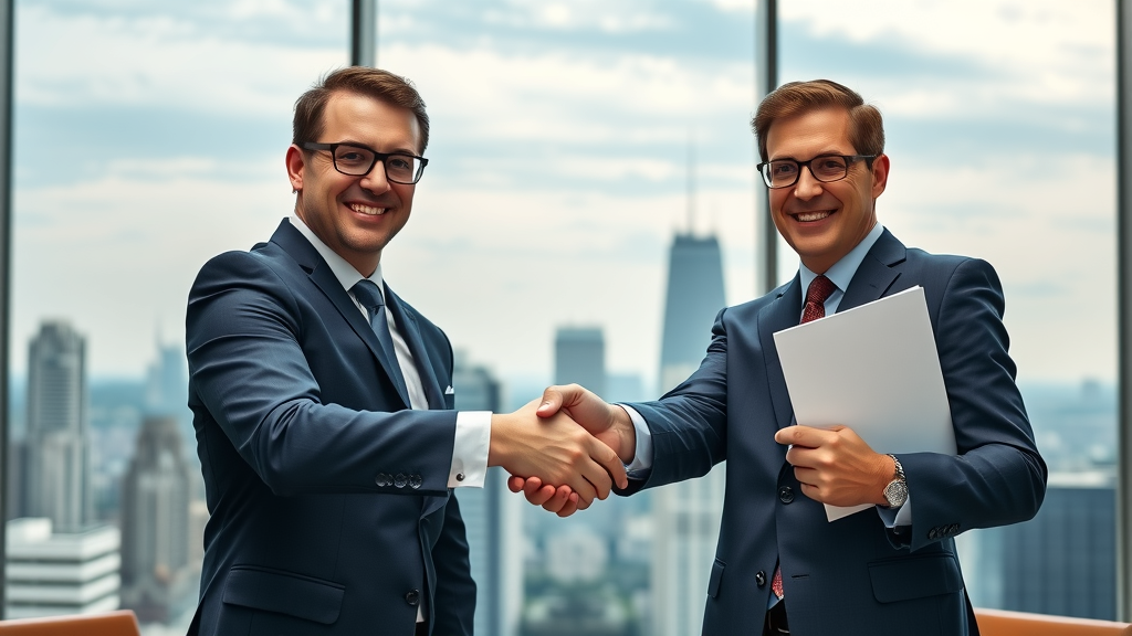 horizontal acquisition business executives shaking hands over merger contract