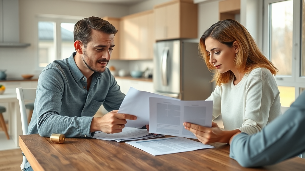 Informative family discussing real estate documents and who pays real estate broker fees at a kitchen table with natural daylight, modern home interior