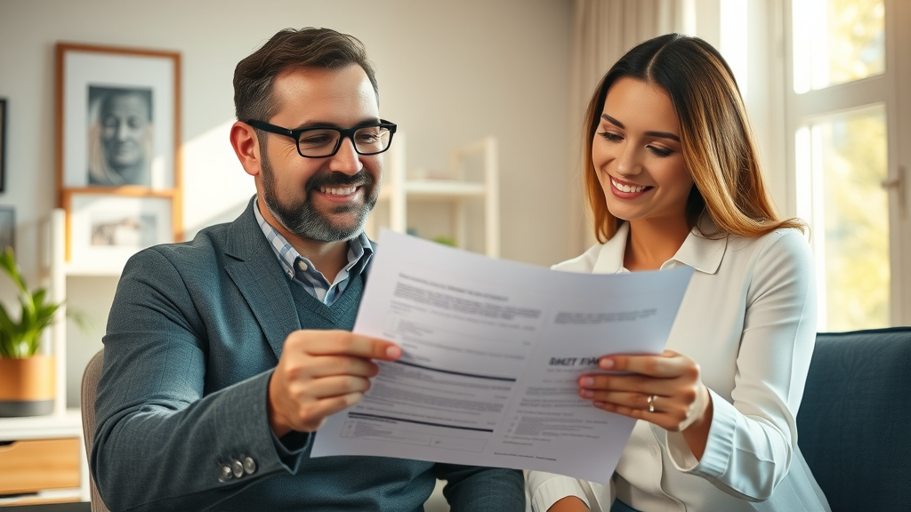 Home seller reviewing property sale documents with a professional broker in a stylish home office