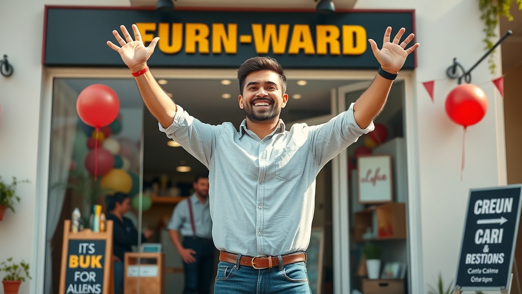 winning big after buying a business - entrepreneur celebrating outside new business