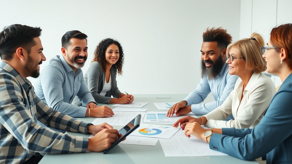 business sale strategies team collaborating in modern office, United States